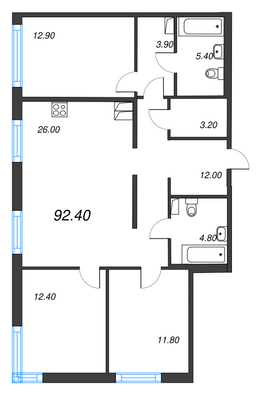 4-комнатная (Евро) квартира, 92.4 м² в ЖК "Струны" - планировка, фото №1