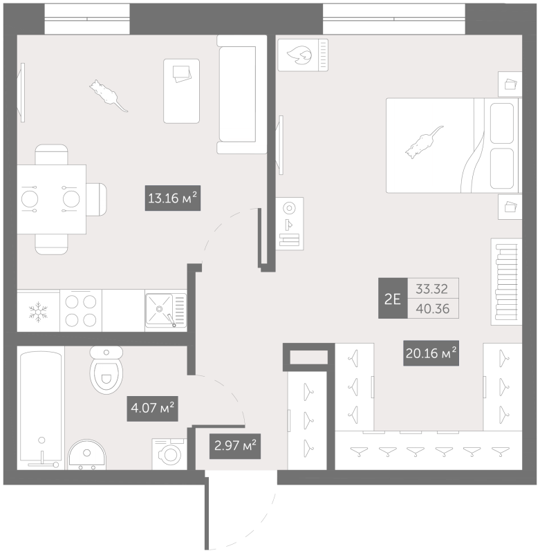 1-комнатная квартира, 41.6 м² в ЖК "Зум Чёрная Речка" - планировка, фото №1
