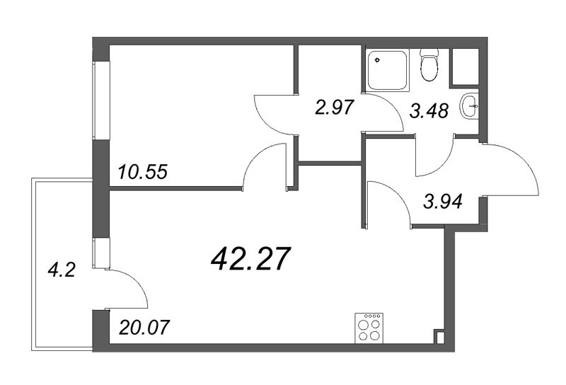 1-комнатная квартира, 42.2 м² - планировка, фото №1