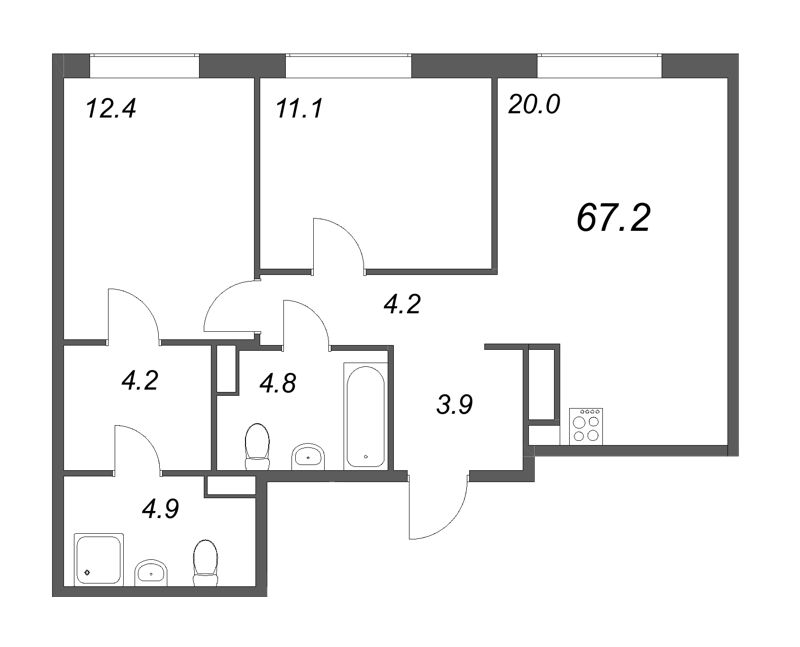 3-комнатная (Евро) квартира, 67.1 м² - планировка, фото №1