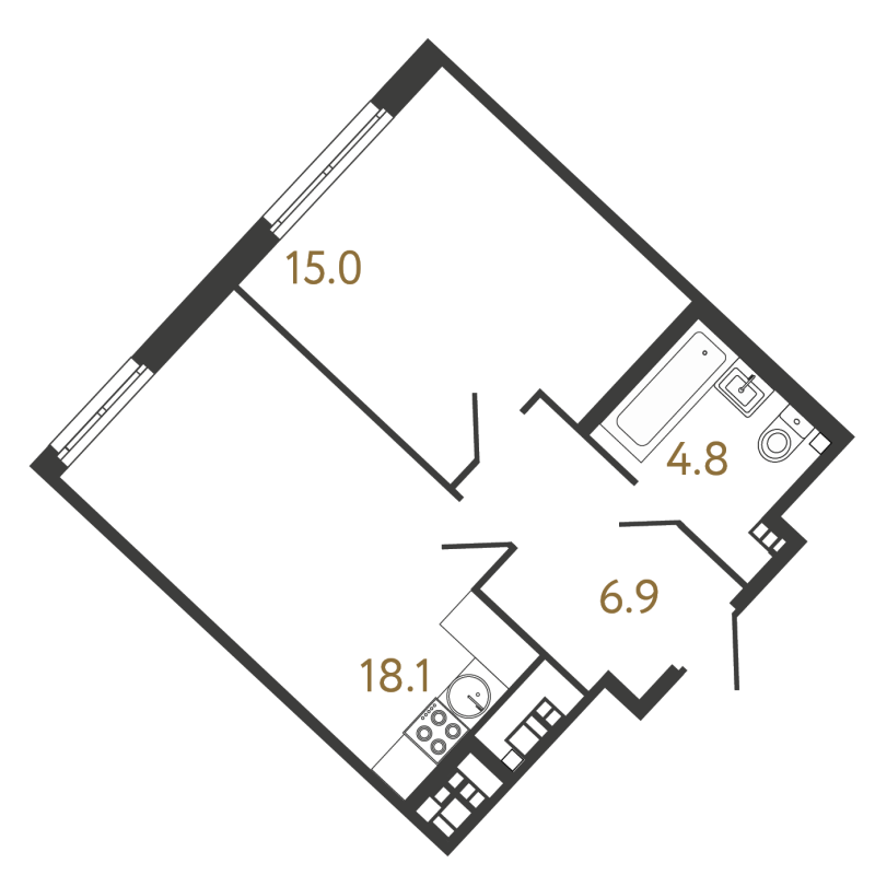 2-комнатная (Евро) квартира, 44.8 м² - планировка, фото №1