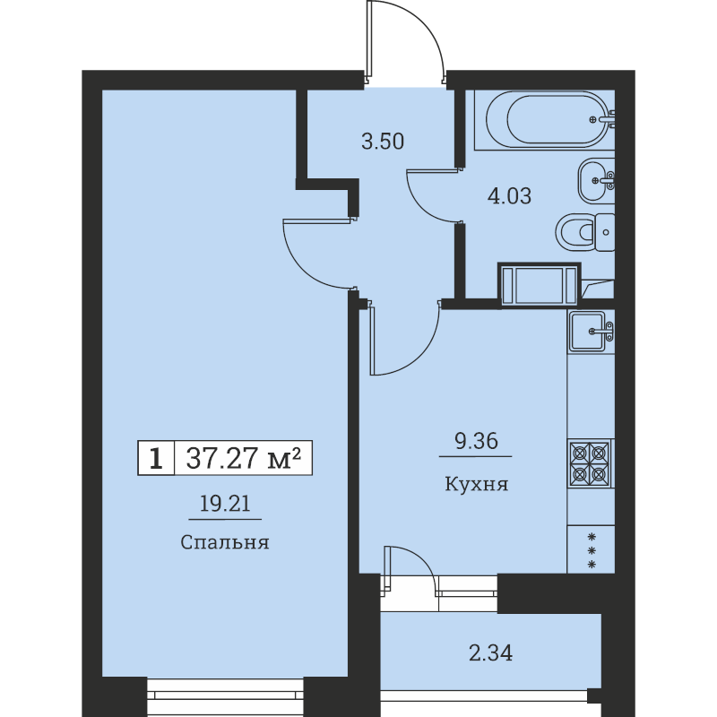 1-комнатная квартира, 37.27 м² - планировка, фото №1