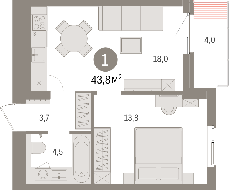 2-комнатная (Евро) квартира, 43.8 м² в ЖК "Брусника в Новоселье" - планировка, фото №1