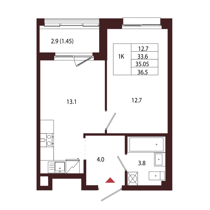 1-комнатная квартира, 35.05 м² в ЖК "Лисино" - планировка, фото №1