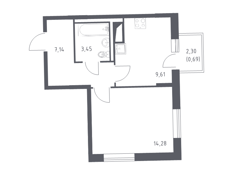 1-комнатная квартира, 35.17 м² - планировка, фото №1