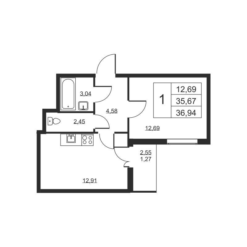 1-комнатная квартира, 36.94 м² в ЖК "Высота" - планировка, фото №1