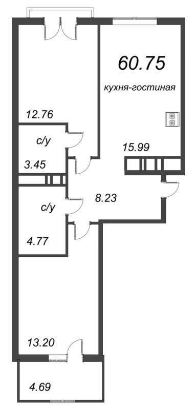 3-комнатная (Евро) квартира, 63.09 м² - планировка, фото №1