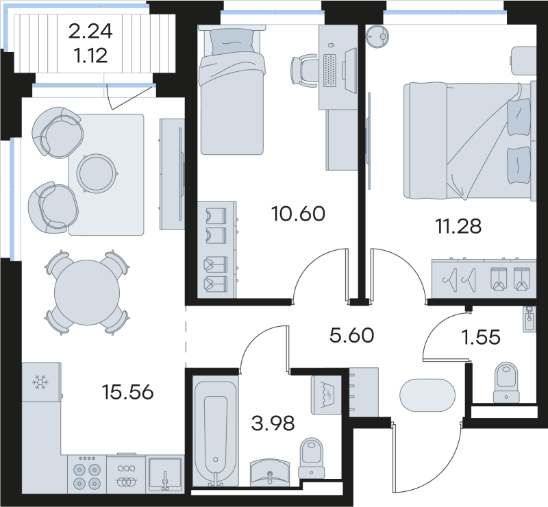 3-комнатная (Евро) квартира, 49.69 м² - планировка, фото №1