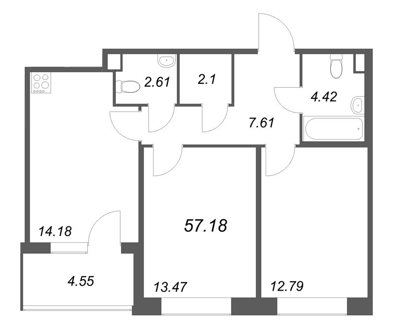 2-комнатная квартира, 57.18 м² в ЖК "Дом на Курской" - планировка, фото №1