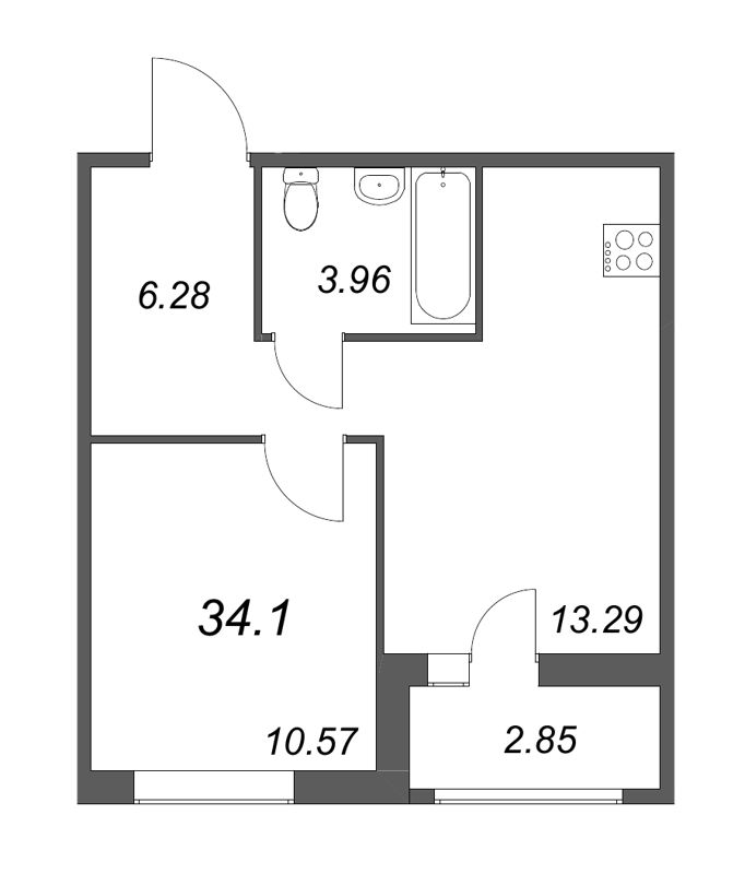 1-комнатная квартира, 34.1 м² - планировка, фото №1