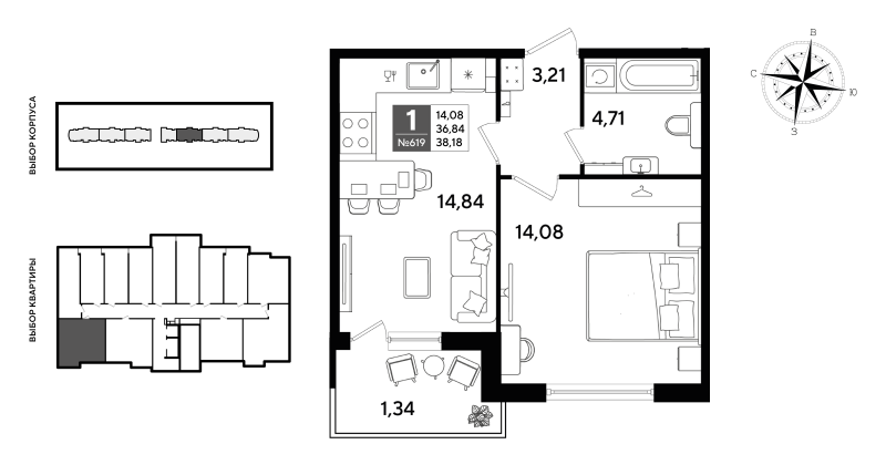 1-комнатная квартира, 38.18 м² в ЖК "Догма Юкки" - планировка, фото №1