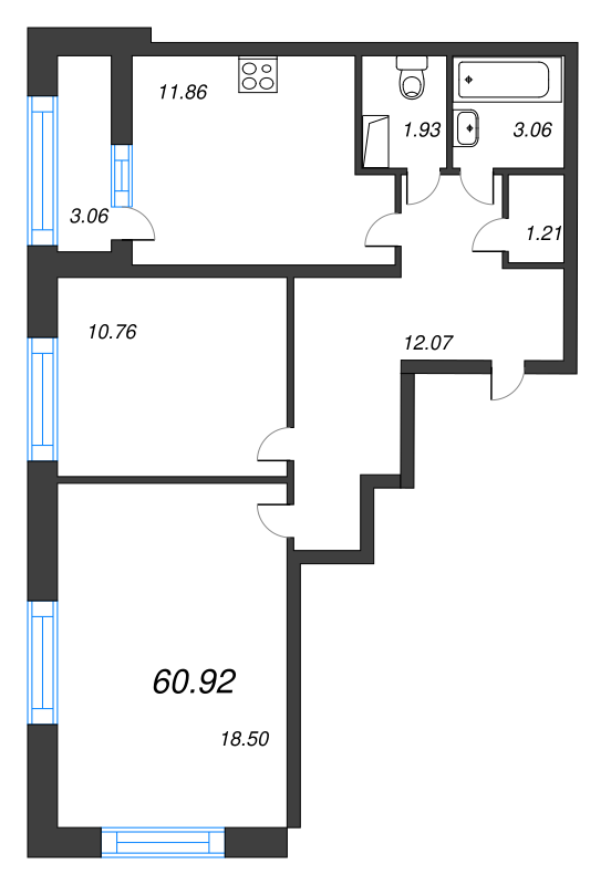 2-комнатная квартира, 60.4 м² - планировка, фото №1