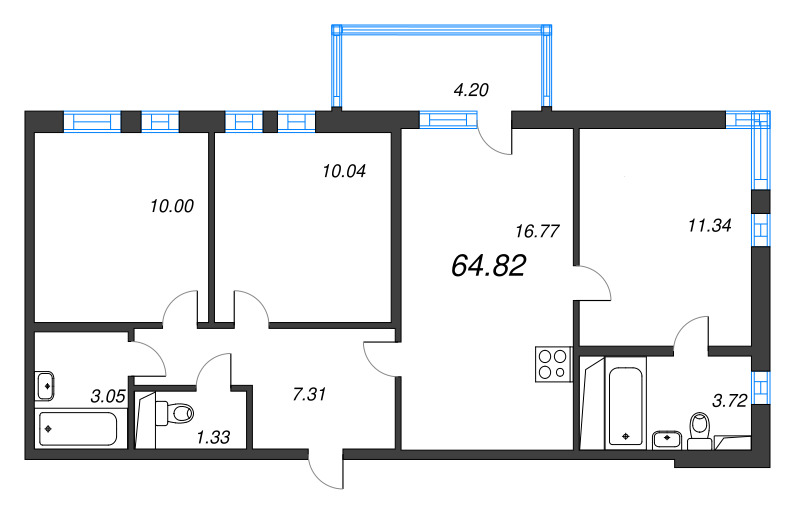 4-комнатная (Евро) квартира, 64.82 м² в ЖК "Аэросити" - планировка, фото №1