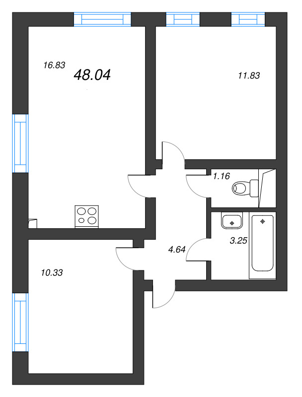 3-комнатная (Евро) квартира, 48.04 м² в ЖК "Морская миля" - планировка, фото №1