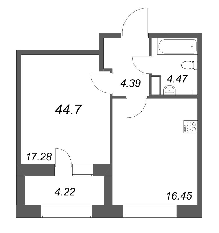 2-комнатная (Евро) квартира, 44.7 м² в ЖК "Аквилон Солар Парк" - планировка, фото №1