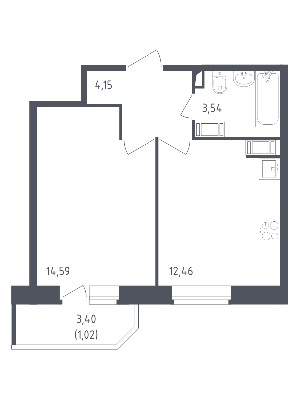 1-комнатная квартира, 35.76 м² - планировка, фото №1