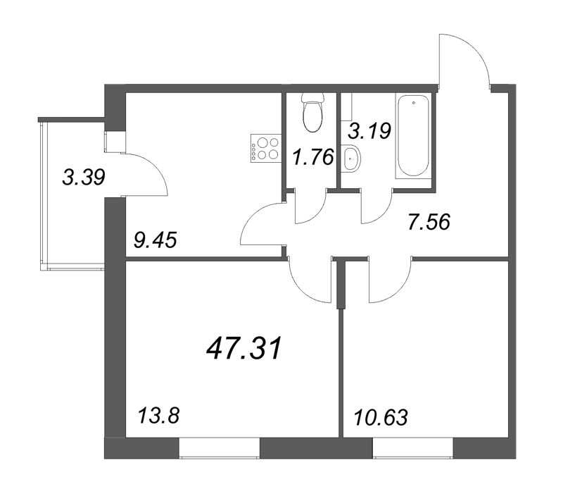 2-комнатная квартира, 47.31 м² - планировка, фото №1