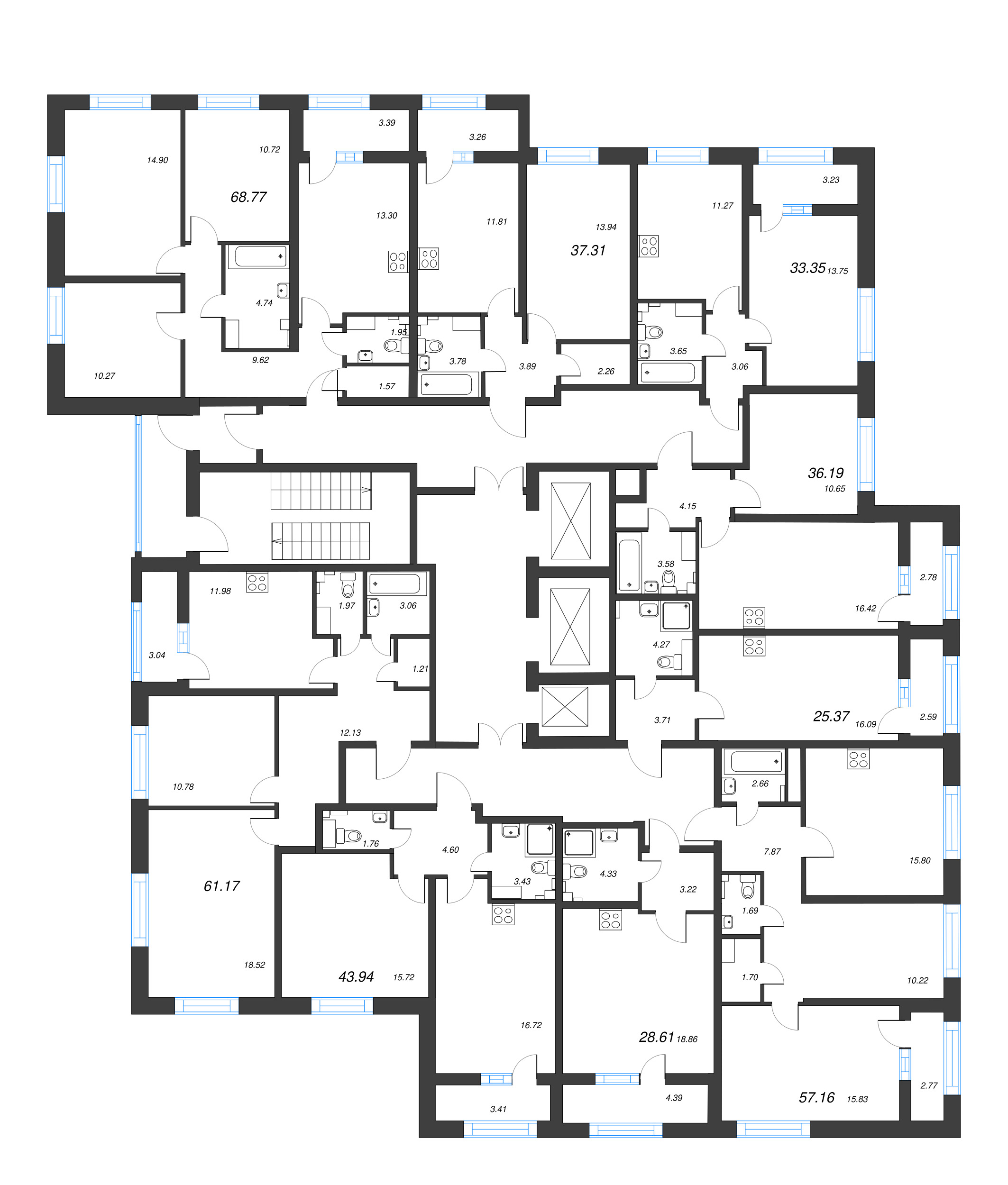 3-комнатная (Евро) квартира, 57.16 м² - планировка этажа