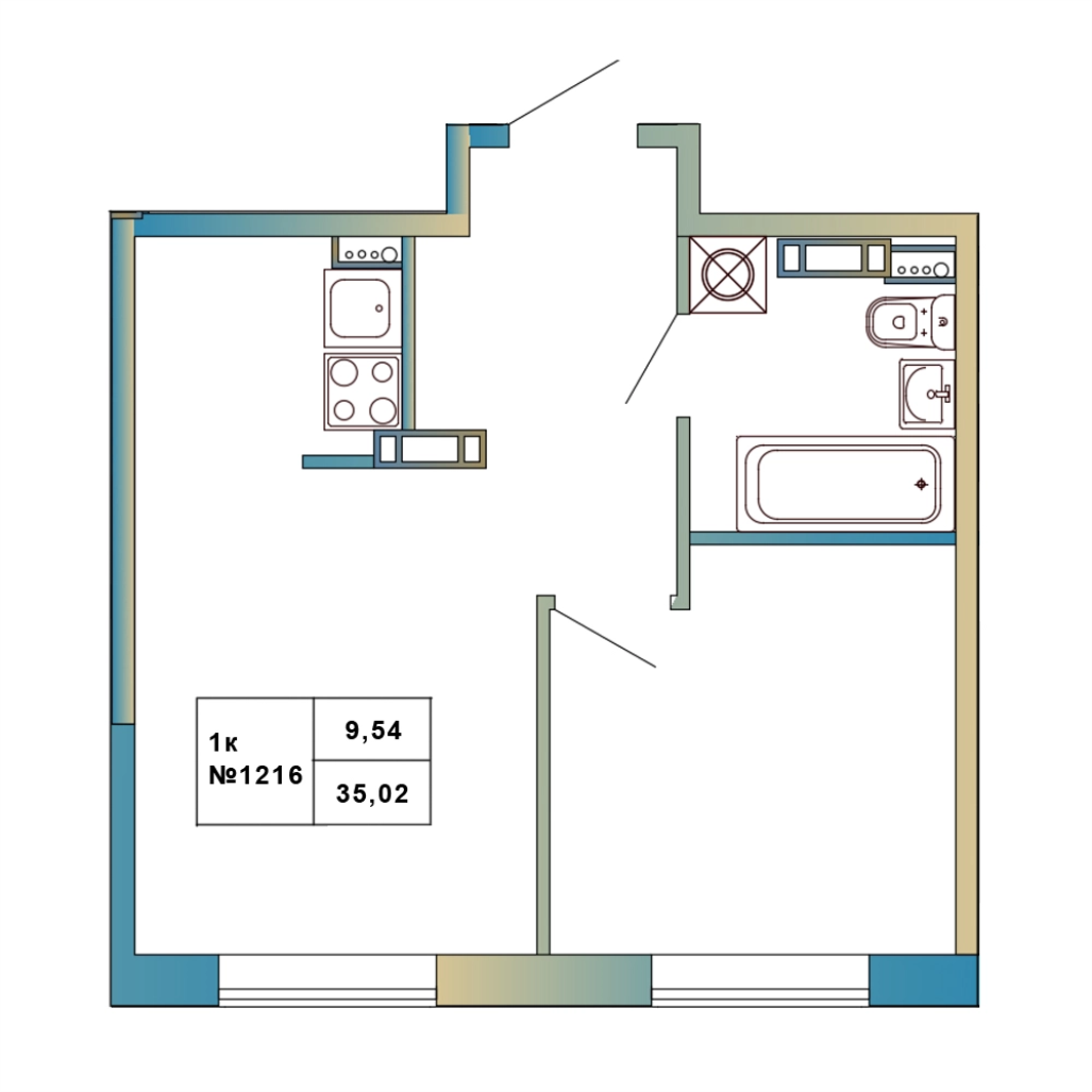 1-комнатная квартира, 35.02 м² в ЖК "Атмосфера Выборга" - планировка, фото №1