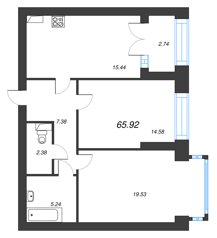 3-комнатная (Евро) квартира, 66.9 м² - планировка, фото №1