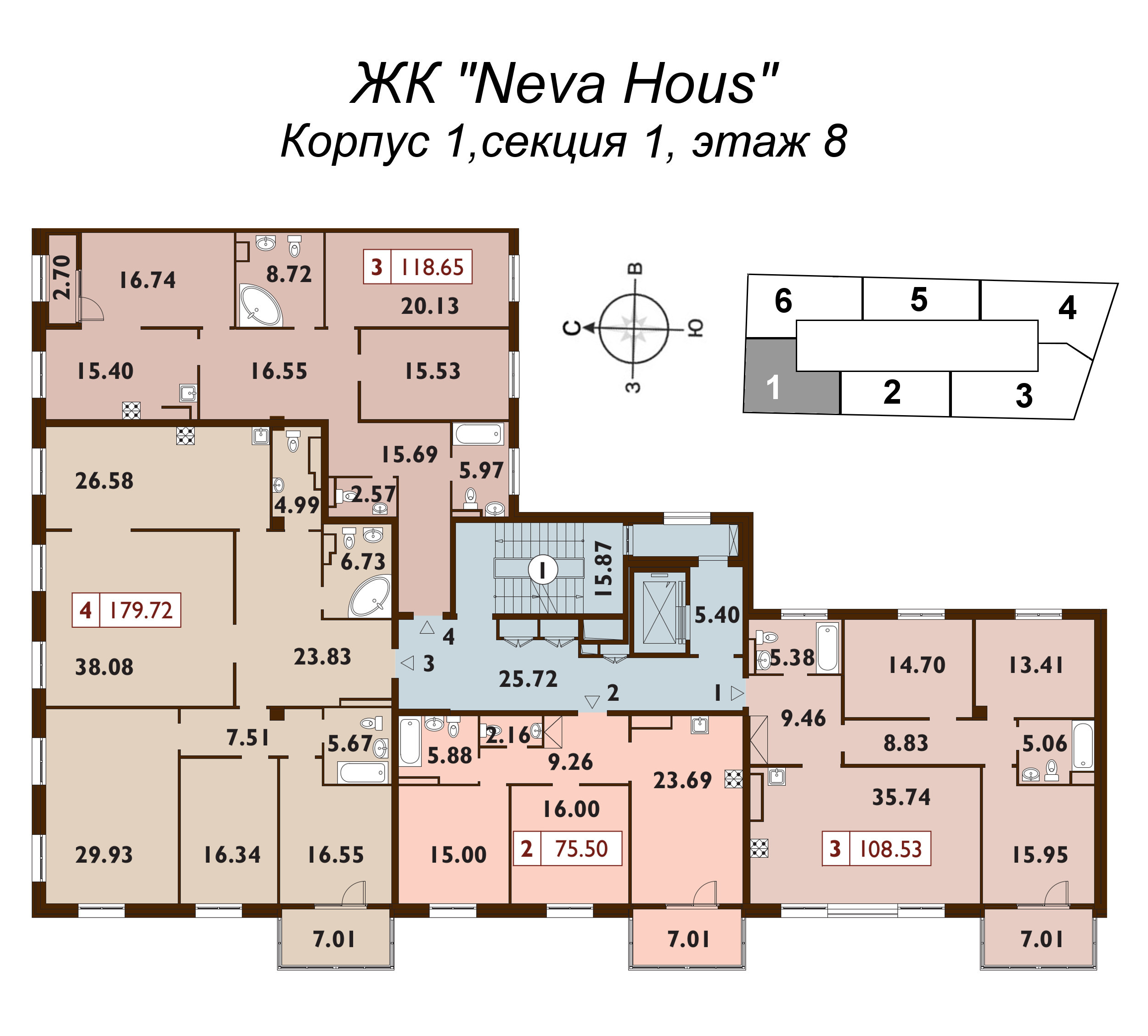 4-комнатная (Евро) квартира, 118.7 м² в ЖК "Neva Haus" - планировка этажа