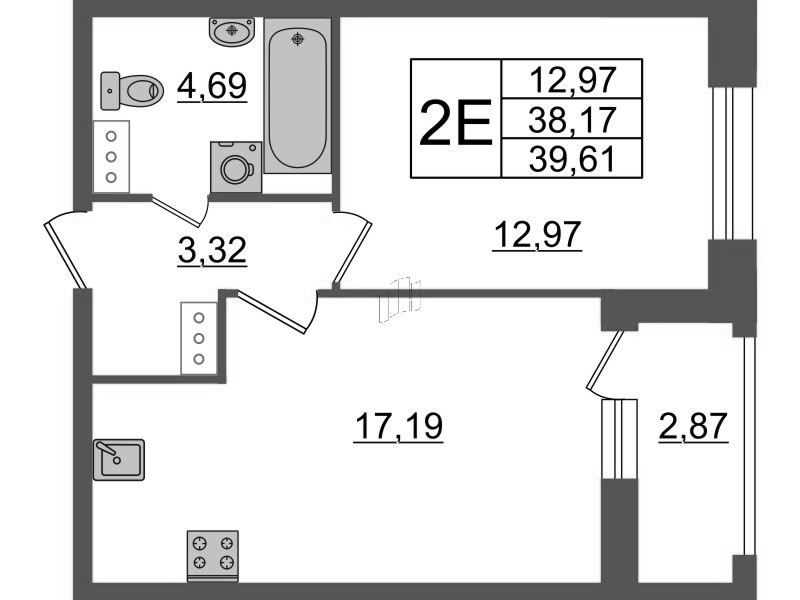 2-комнатная (Евро) квартира, 39.61 м² в ЖК "Аквилон Leaves" - планировка, фото №1