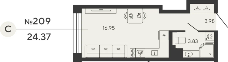 Квартира-студия, 24.37 м² в ЖК "Bashni Element" - планировка, фото №1