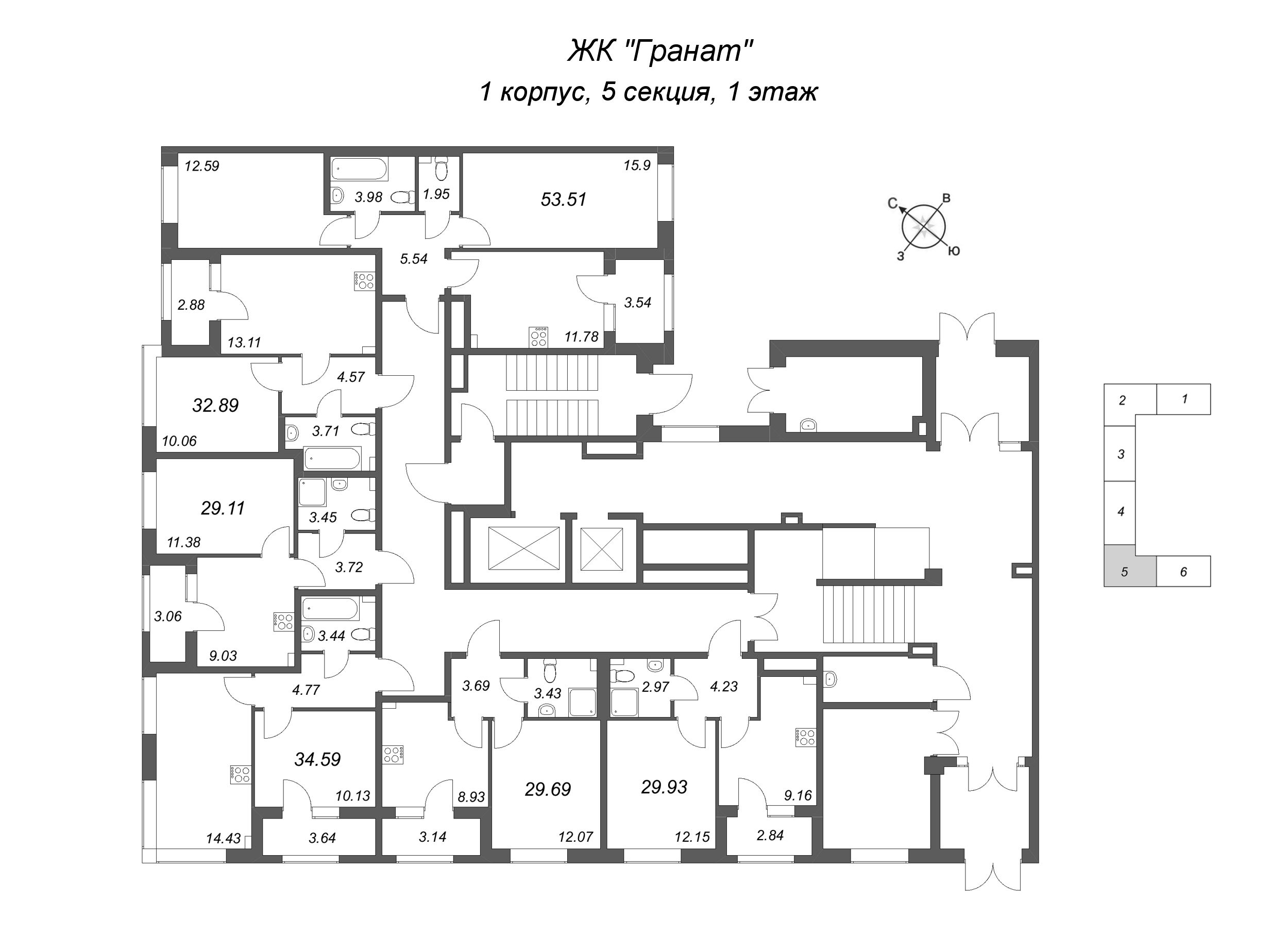 1-комнатная квартира, 29.11 м² в ЖК "Гранат" - планировка этажа