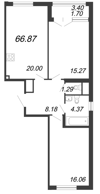 3-комнатная (Евро) квартира, 66.87 м² - планировка, фото №1