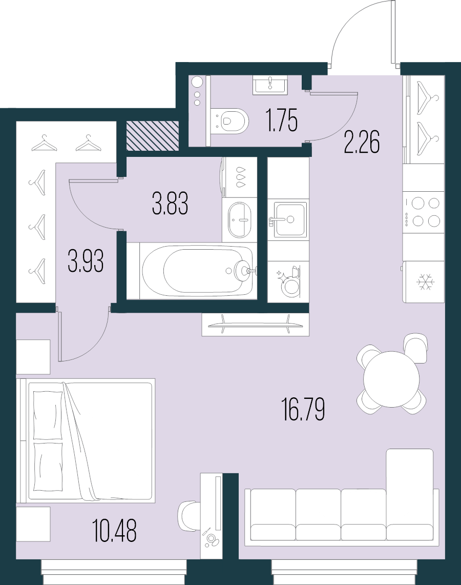 2-комнатная (Евро) квартира, 39.04 м² в ЖК "Новая Земля" - планировка, фото №1