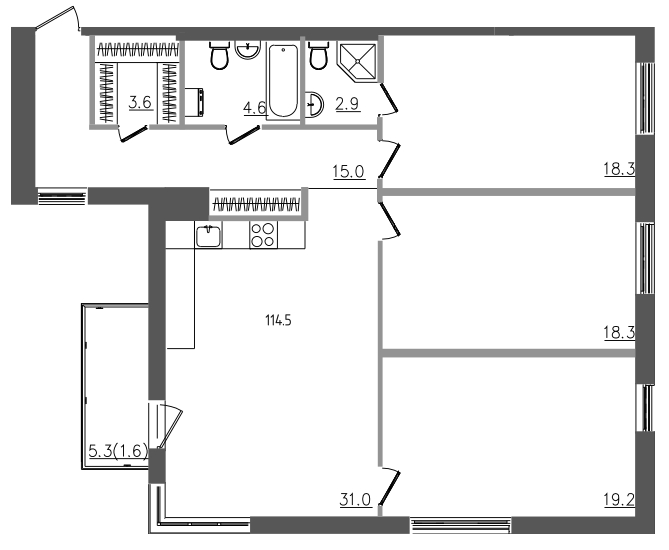 4-комнатная (Евро) квартира, 114.5 м² в ЖК "Upoint" - планировка, фото №1