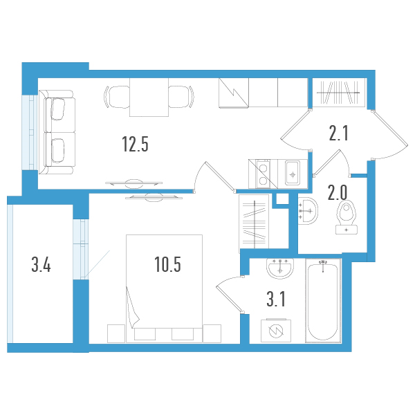 1-комнатная квартира, 31.9 м² - планировка, фото №1