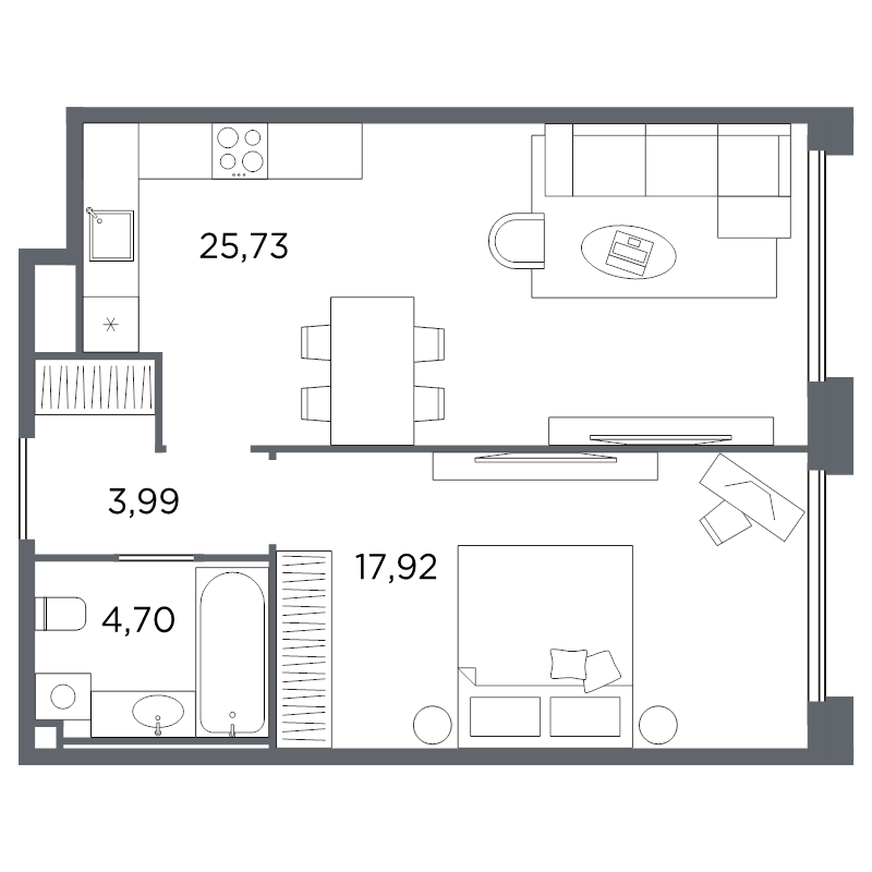 2-комнатная (Евро) квартира, 52.34 м² в ЖК "Акватория" - планировка, фото №1