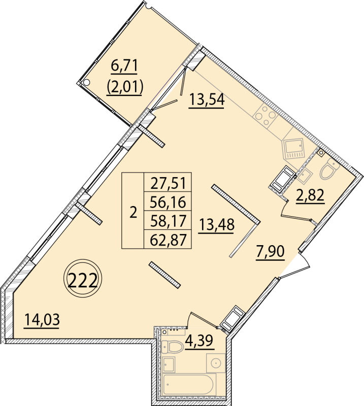 2-комнатная квартира, 56.16 м² - планировка, фото №1