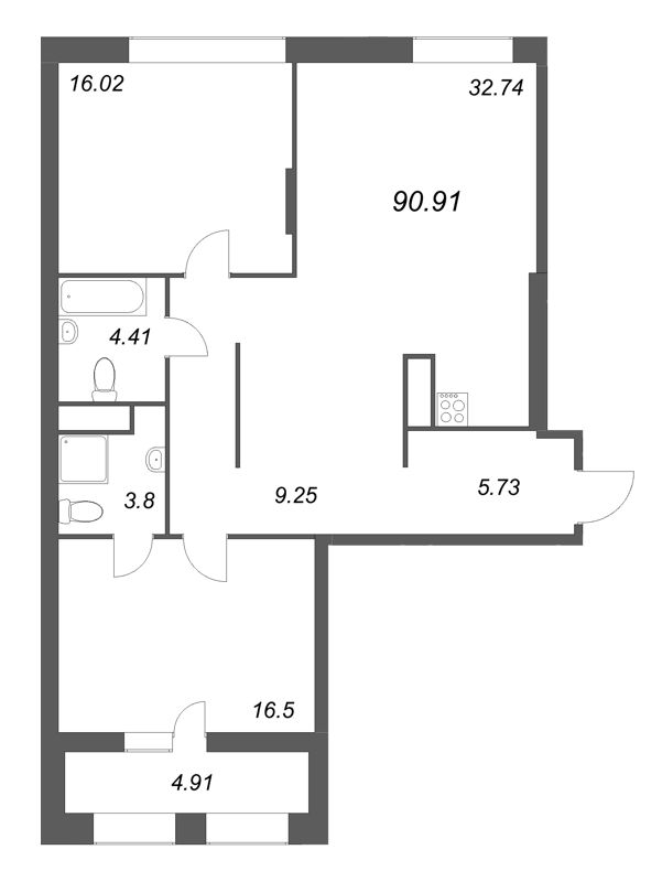 3-комнатная (Евро) квартира, 90.91 м² в ЖК "Talento" - планировка, фото №1