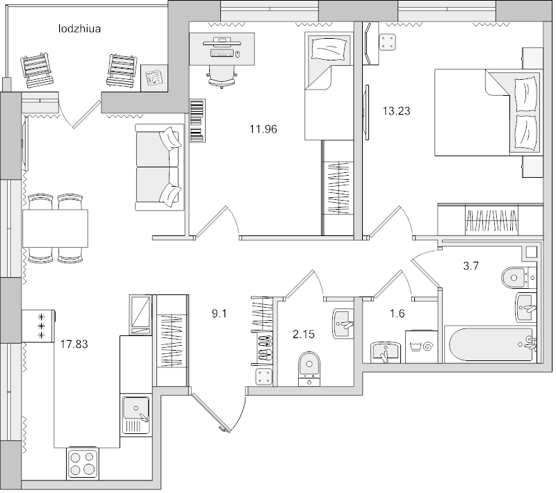 3-комнатная (Евро) квартира, 64.19 м² в ЖК "Dreamline" - планировка, фото №1