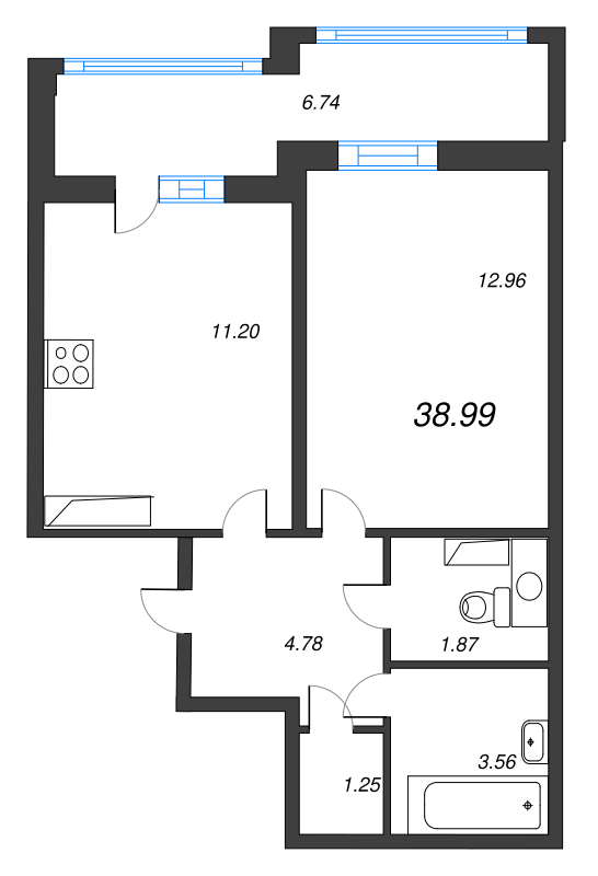 1-комнатная квартира, 38.99 м² - планировка, фото №1