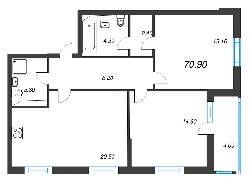 3-комнатная (Евро) квартира, 71.5 м² в ЖК "Тайм Сквер" - планировка, фото №1