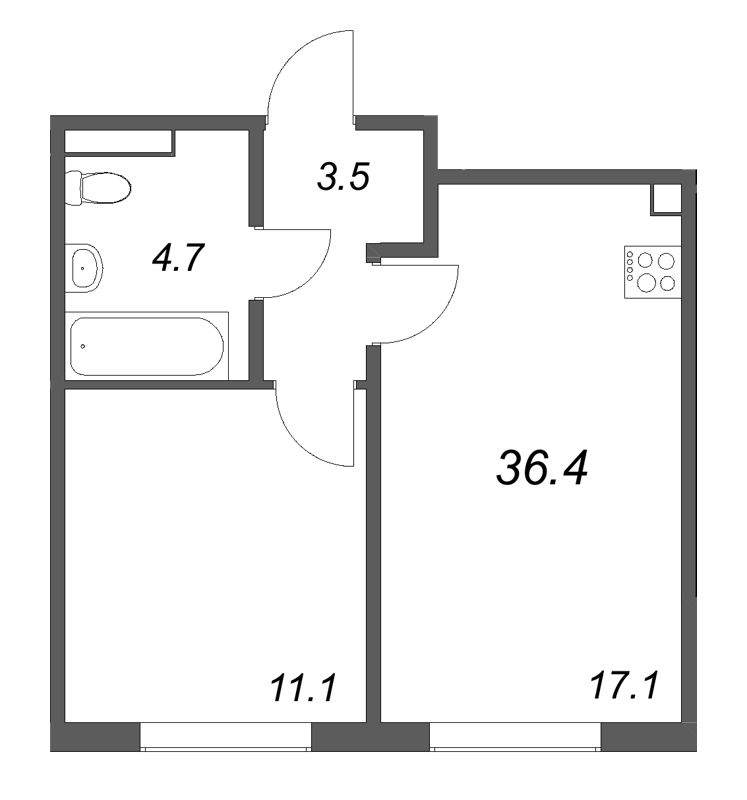 2-комнатная (Евро) квартира, 36.4 м² в ЖК "Пулково Лейк" - планировка, фото №1