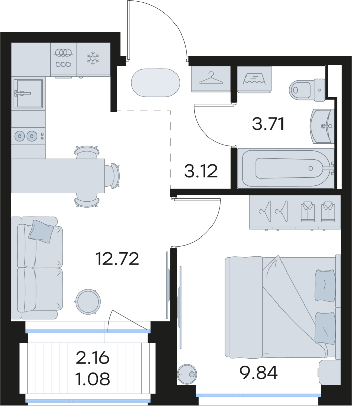 1-комнатная квартира, 30.47 м² в ЖК "Новоселье" - планировка, фото №1