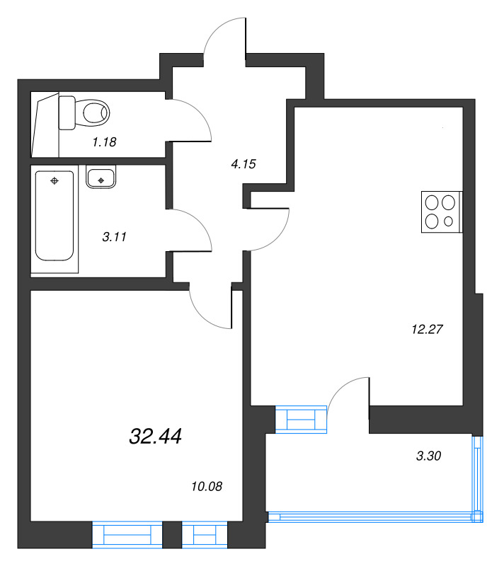 1-комнатная квартира, 32.44 м² в ЖК "AEROCITY" - планировка, фото №1