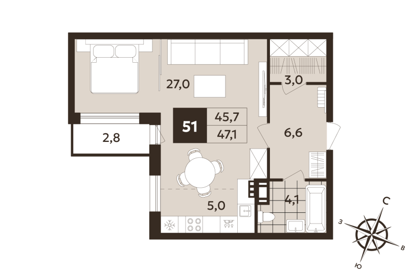 Квартира-студия, 45.7 м² в ЖК "Дом на Бронницкой" - планировка, фото №1