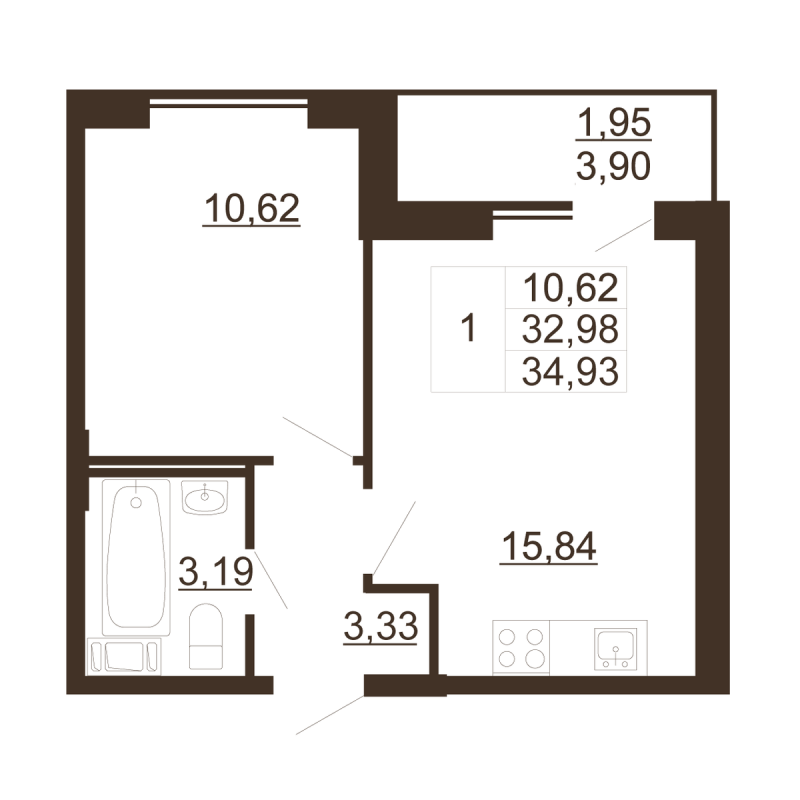 2-комнатная (Евро) квартира, 34.93 м² - планировка, фото №1