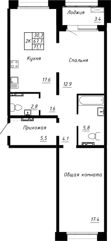 3-комнатная (Евро) квартира, 71.1 м² в ЖК "Сибирь" - планировка, фото №1