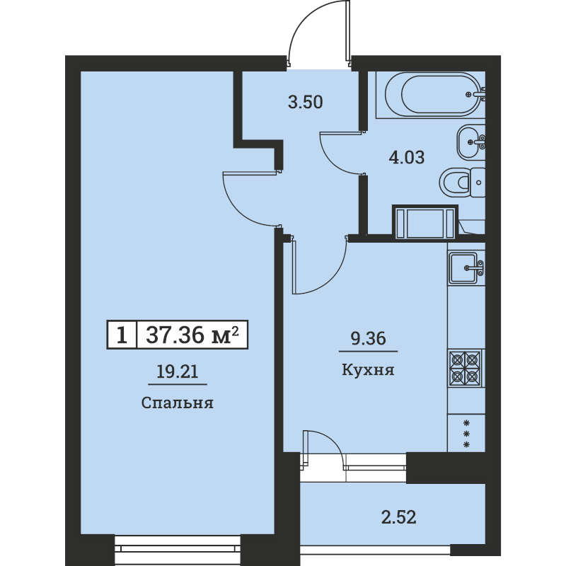 1-комнатная квартира, 37.36 м² в ЖК "Урбанист" - планировка, фото №1
