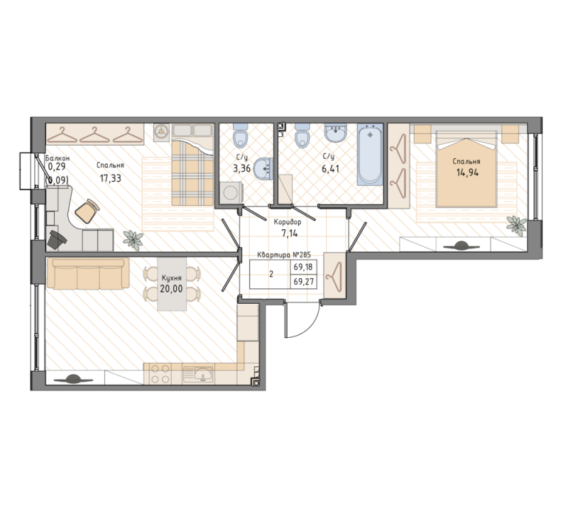 2-комнатная квартира, 69.27 м² в ЖК "Мануфактура James Beck" - планировка, фото №1