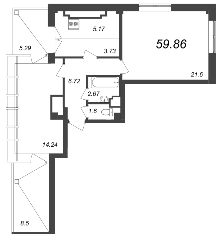 1-комнатная квартира, 59.86 м² - планировка, фото №1