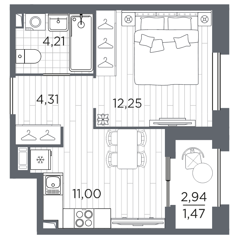 1-комнатная квартира, 33.24 м² в ЖК "Оптимист" - планировка, фото №1