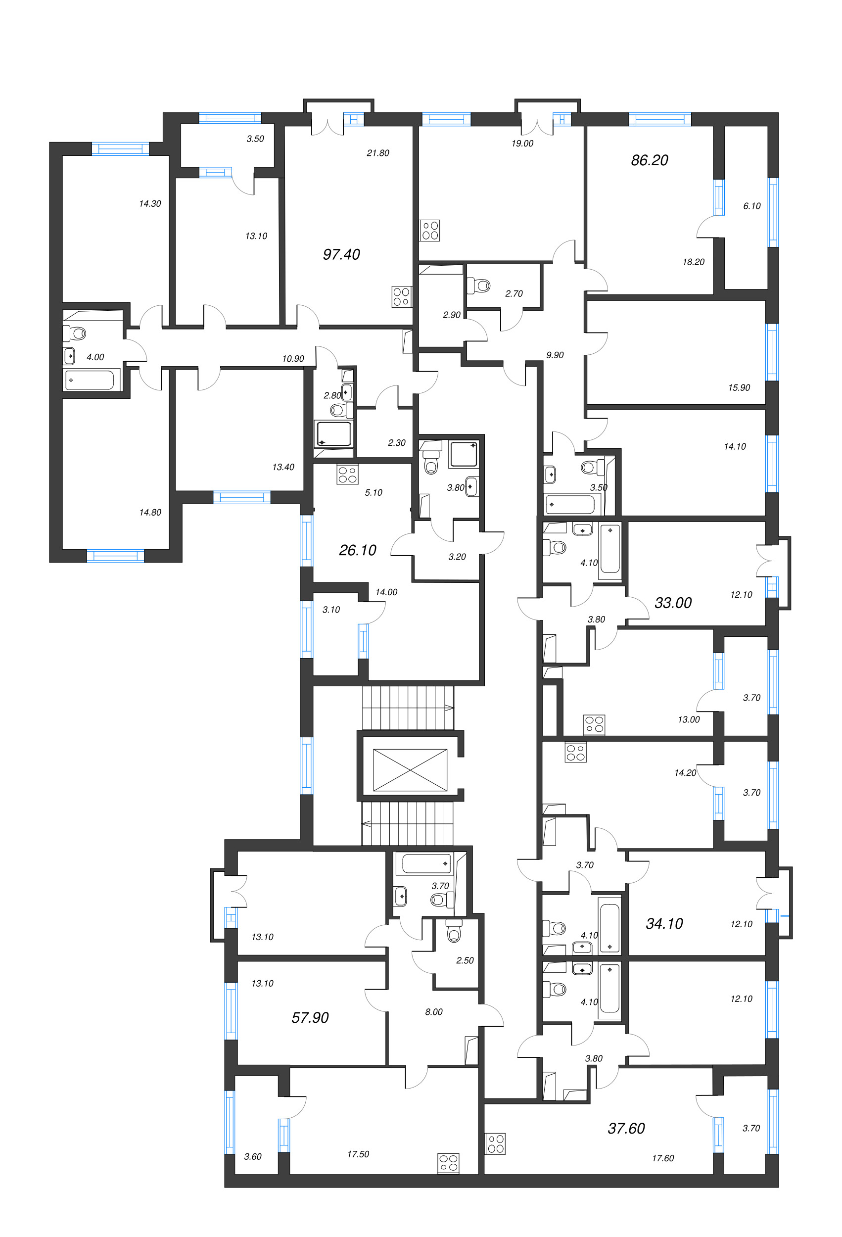5-комнатная (Евро) квартира, 97.4 м² в ЖК "Дубровский" - планировка этажа