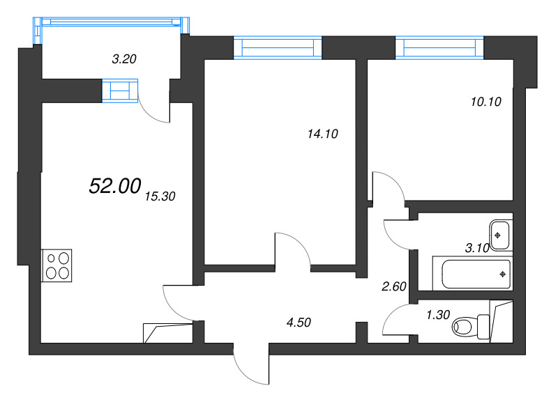 3-комнатная (Евро) квартира, 52 м² - планировка, фото №1